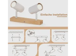 NETTLIFE Luz de techo con 2 bombillas de madera GU10, blanca, lámpara de pasillo interior moderna, con un ángulo de 350° para salón y dormitorio.