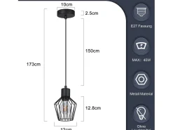NETTLIFE Mesa de comedor suspendida, suspensión negra, soporte E27, 1 llama, metal.