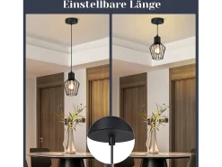 NETTLIFE Mesa de comedor suspendida, suspensión negra, soporte E27, 1 llama, metal.