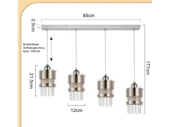 NETTLIFE Mesa de comedor suspendida moderna de cristal, con 4 lámparas E27 suspendidas, 150 cm, altura regulable.