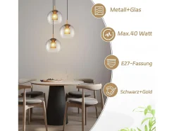 NETTLIFE Mesa suspendida para comedor de vidrio - 1 lámpara vintage E27 con una llama, lámpara de techo negra.