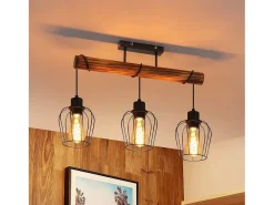 NETTLIFE Plafón 3 focos metal y madera negra Lámpara de salón vintage E27 en madera flameada de diseño industrial regulable en altura sin bombilla