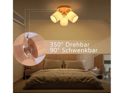 NETTLIFE Plafón con tres focos, madera redonda. Plafonero LED E14, foco inclinable 350°.