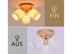 NETTLIFE Plafón con tres focos, madera redonda. Plafonero LED E14, foco inclinable 350°.