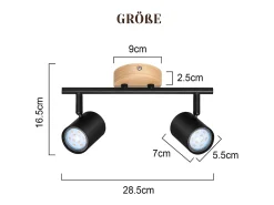 NETTLIFE Plafón LED de 2 llama - Plafón GU10 negro Foco giratorio Aplique de madera Foco de pared para salón dormitorio Sin bombilla