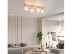 NETTLIFE Plafóndaro de 4 focos, blanco con aspecto de madera - plafóndaro E14 giratorio 350°，máximo 4 bombillas de 25 w, moderno para salón, dormitorio y cocina.