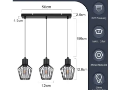 NETTLIFE Suspensión con 3 llamas, suspensión metálica industrial negra, LED E27, metálica.