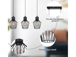 NETTLIFE Suspensión con 3 llamas, suspensión metálica industrial negra, LED E27, metálica.