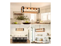 NETTLIFE Suspensión de lámpara para comedor vintage de madera negra E27, 5 llamas, mesa para comer industrial.