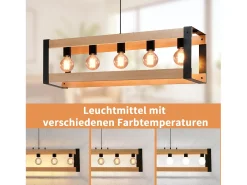 NETTLIFE Suspensión de lámpara para comedor vintage de madera negra E27, 5 llamas, mesa para comer industrial.