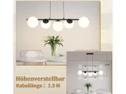 NETTLIFE, Suspensión negra E27, lámpara de techo de vidrio, lámpara de 5 llamas para comedor moderna de 150 cm.
