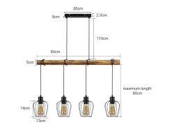 NETTLIFE Suspensión retro, lámpara de suspensión vintage de madera industrial negra E27.
