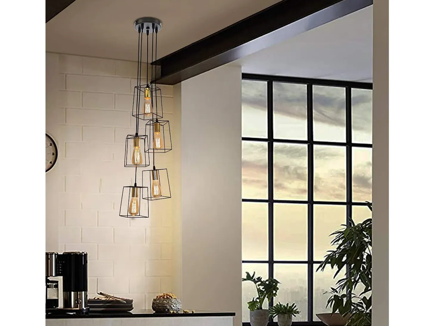 NETTLIFE Suspensión vintage negra, 5 lámparas regulables en altura, de metal, E27 industrial.