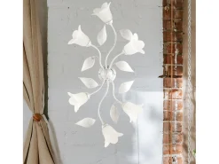 Olga - Lámpara de techo en hierro lacado en blanco con decoración. Difusores de plata antigua y cristal d. 14 alabastro blanco 6 luces L. 70 X 52