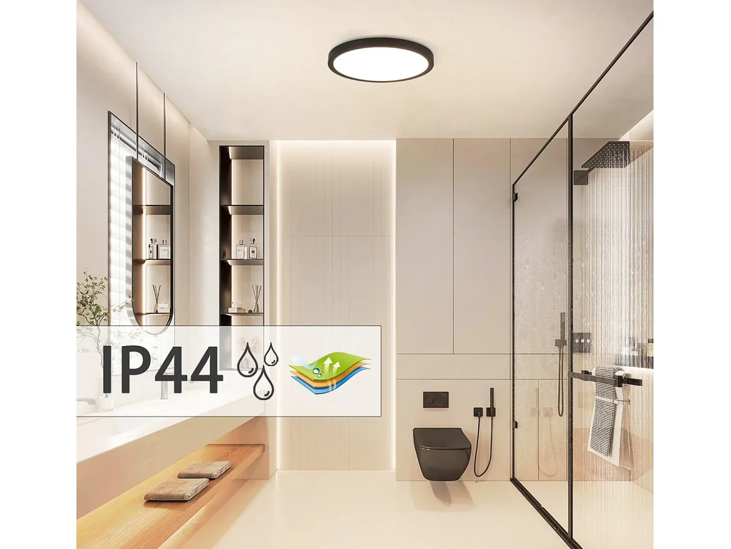 Panel LED NETTLIFE, lámpara de techo redonda negra plana, iluminación de techo IP44 LED blanco neutro