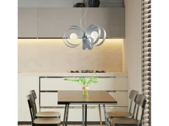 Peter Lámpara colgante de hierro lacado blanco con bandas cortadas a láser en gris y cable de acero orientable 3 luces 130 Ø48 BL306-3-BG