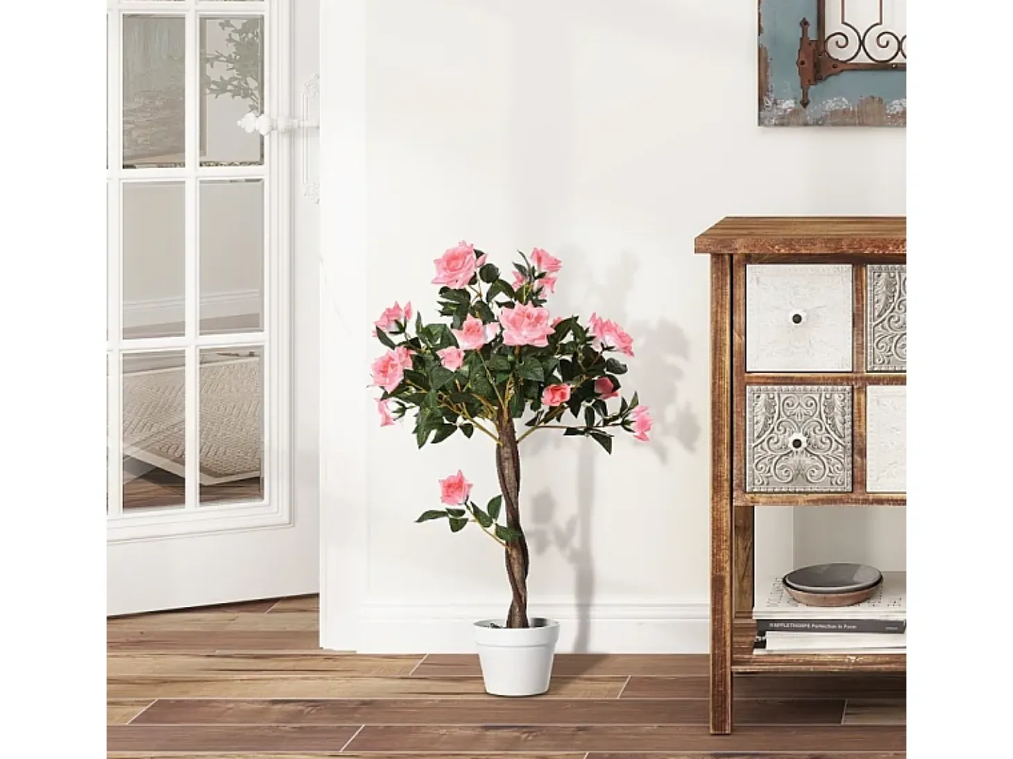 Planta artificial Rosa 90 cm, Decorativa en maceta, plástico, blanco (18x18x90 cm)