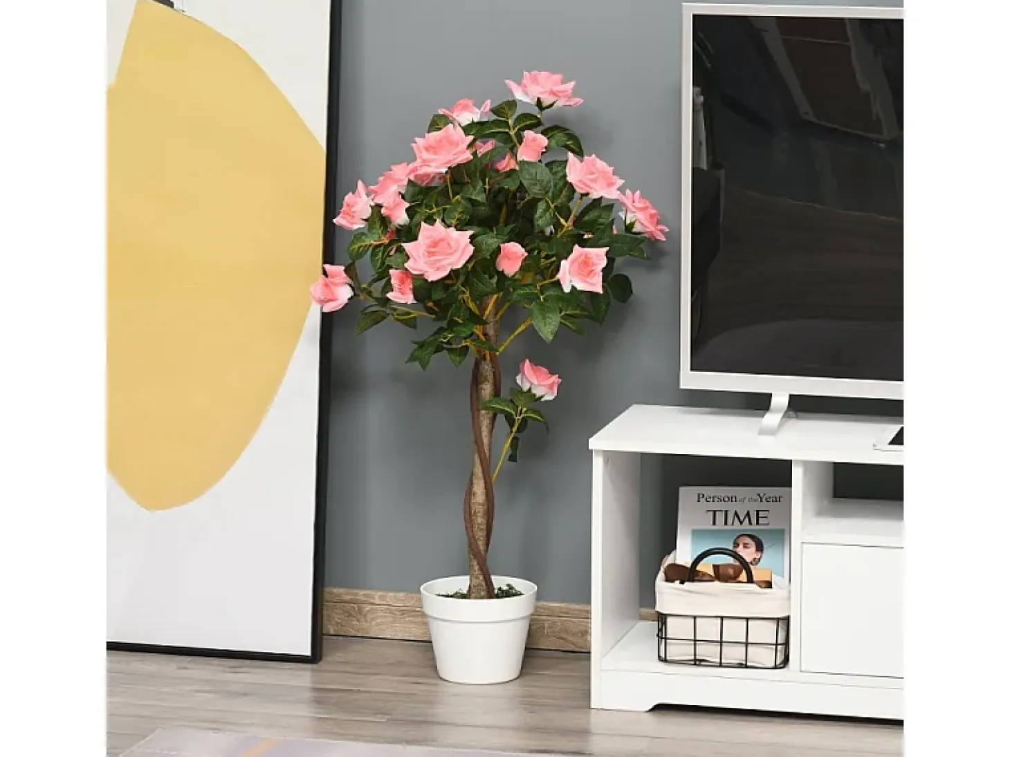 Planta artificial Rosa 90 cm, Decorativa en maceta, plástico, blanco (18x18x90 cm)