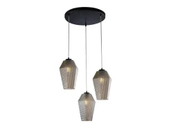 Prisma Suspensión en hierro lacado negro con cables eléctricos orientables y difusores en cristal soplado gris espejo con dec. 3 luces en relieve