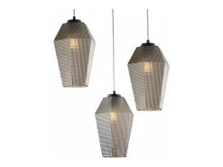 Prisma Suspensión en hierro lacado negro con cables eléctricos orientables y difusores en cristal soplado gris espejo con dec. 3 luces en relieve