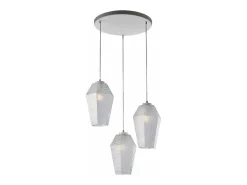 Prisma Suspensión en hierro lacado blanco con cables eléctricos orientables y difusores de cristal soplado transparente con dec. 3 luces en relieve