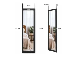 Puerta de la pared colgante de espejo 110x33cm, longitud del espejo completo en vidrio templado con 2 ganchos de suspensión para puerta, altura ajustable - negro