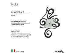 Robin - Reloj de pared moderno negro, Ø45 cm, silencioso, acero creativo, Fabricado en Italia