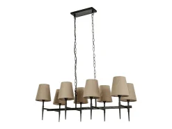 Searchlight Gothic Lámpara colgante con barra de 8 luces, negro martillado, lino natural