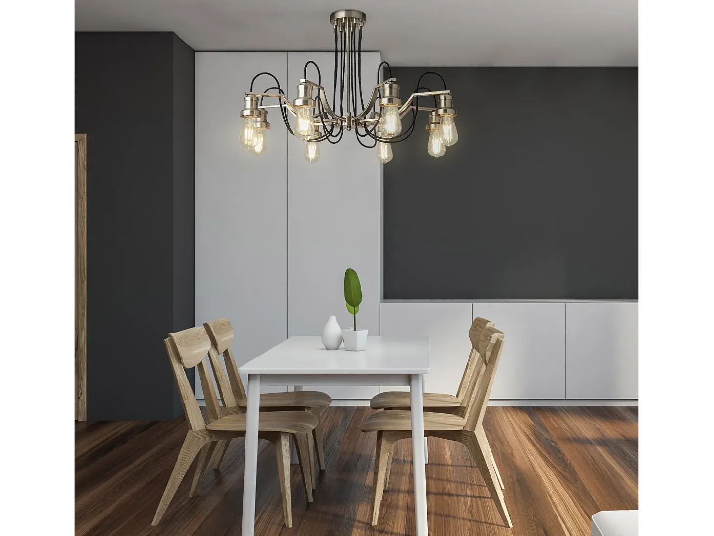 Searchlight Olivia8 Lätt tak, svart flätad tygkabel, satin silver