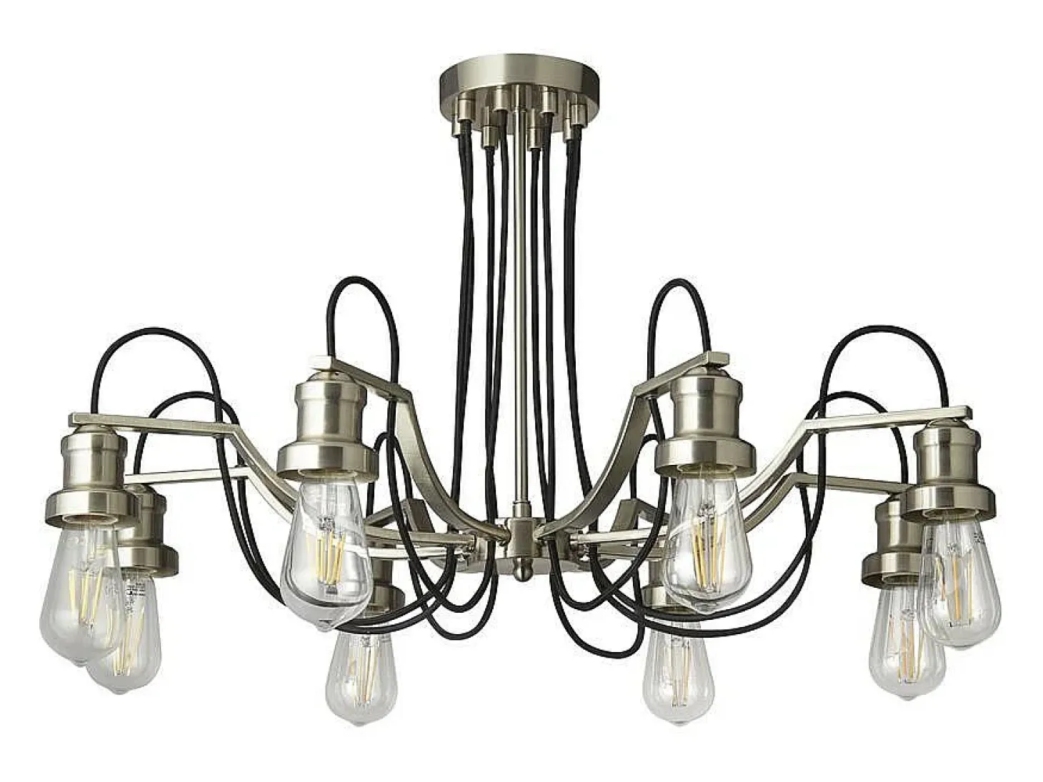 Searchlight Olivia8 Lätt tak, svart flätad tygkabel, satin silver