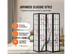 Separador de Ambientes SucceBuy, Separador de Ambientes Japonés con 4 Paneles con Motivos de Flores de Cerezo, de Madera, Gira 360°, para Separar Habitaciones