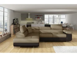 Sofá esquinero convertible en terciopelo con reposacabezas elevables - Colección Marka-Marrón/Marrón claro-Ángulo izquierdo