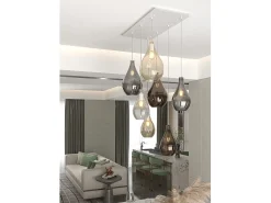 Sosp. Bianco 7 Luci Rettangolare Vetri (4 Piccoli (1Xam+1Xbr+1Xfu+1Xtr)+3 Medi (1Xam+1Xbr+1Xfu))