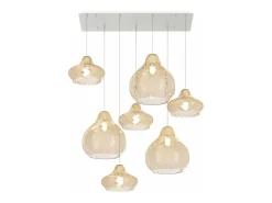 Sosp. Bianco 7 Luci Rettangolare Vetri (4 X Piccolo + 3 X Grande) Tutti Ambra