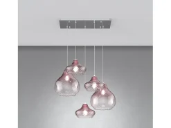 Sosp. Cromo 5 Luci Rettangolare Vetri (3 X Piccolo + 2 X Grande) Tutti Rubino