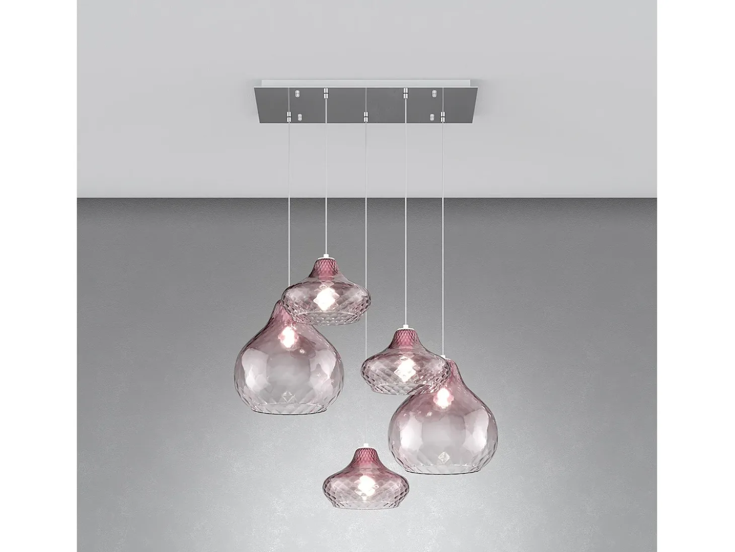 Sosp. Cromo 5 Luci Rettangolare Vetri (3 X Piccolo + 2 X Grande) Tutti Rubino