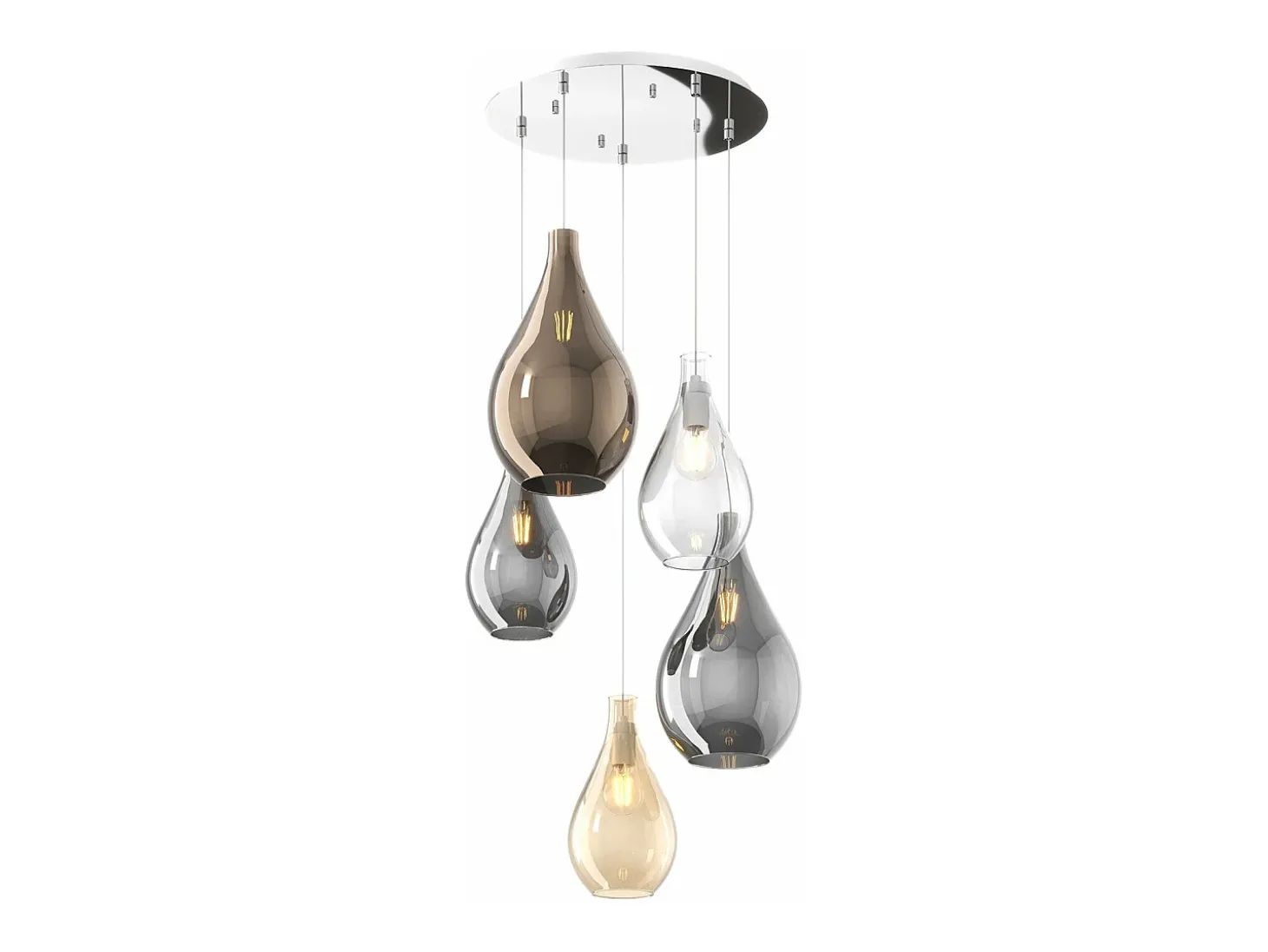 Sosp. Cromo 5 Luci Tonda Vetri (3 Piccoli (1Xtr+1Xam+1Xfu)+2 Medi ( 1Xfu+1Xbr))