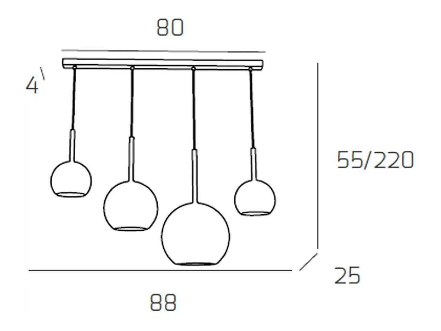 Sosp. Cromo Rettangolare 4 Luci Vetri (1 Grande+1 Medio+2 Piccolo) Tutti Ambra