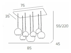 Sosp. Cromo Rettangolare 7 Luci Vetri (1 Grande Tr+1 Medio Am+1 Medio Tr +4 Piccolo (3 X Am+1 X Tr))