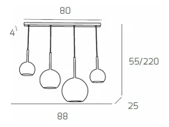 Sosp. Cromo Rettangolare 4 Luci Vetri (1 Grande+1 Medio+2 Piccolo) Tutti Trasparenti