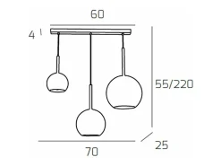 Sosp. Cromo Rettangolare 3 Luci Vetri (1 X Grande+ 1 X Medio+ 1 X Piccolo)Tutti Rame