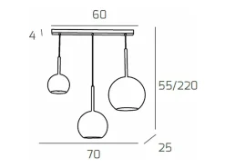 Sosp. Cromo Rettangolare 3 Luci Vetri (Grande Am + Medio Tr + Piccolo Am)