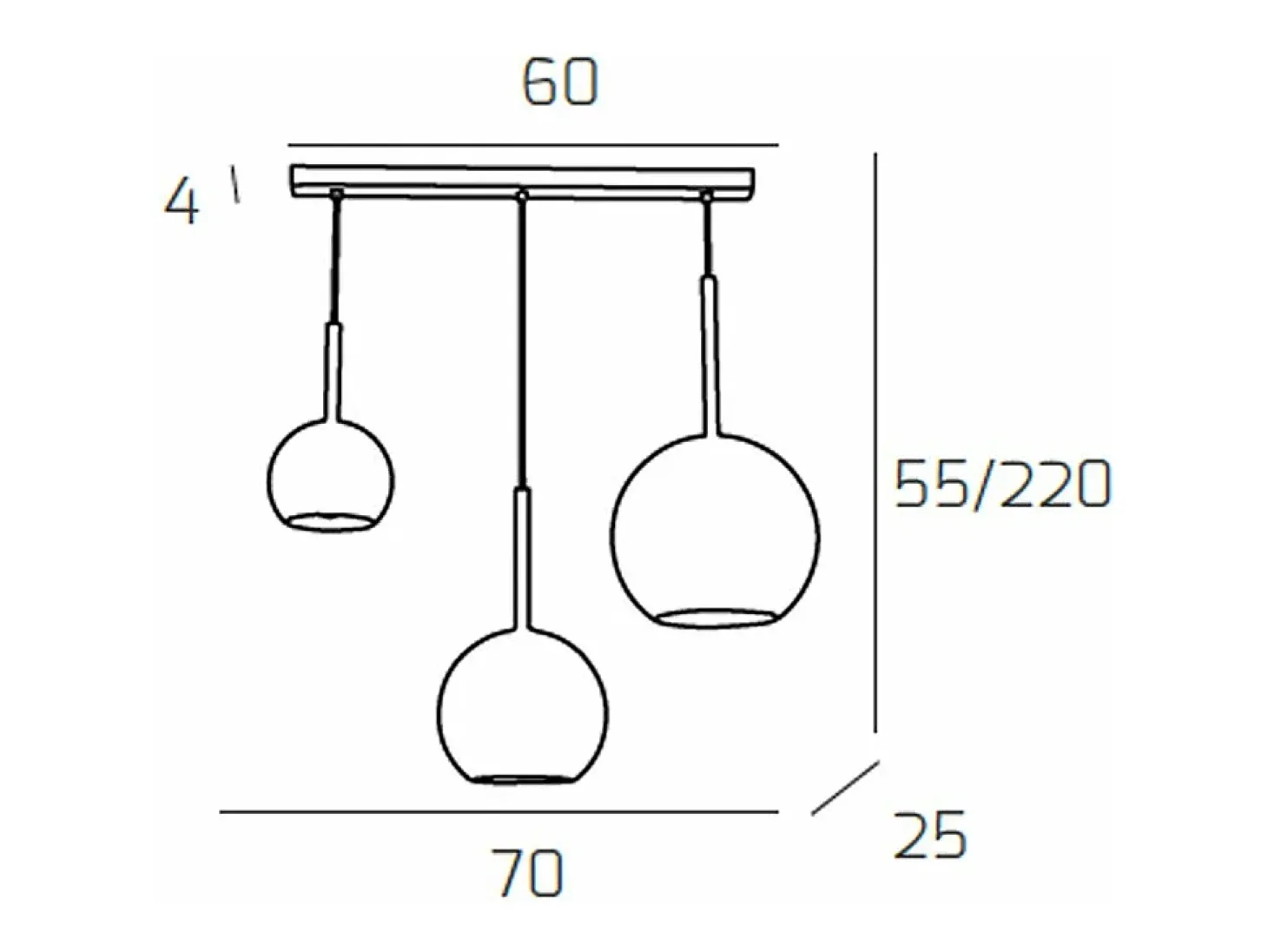 Sosp. Cromo Rettangolare 3 Luci Vetri (Grande Am + Medio Tr + Piccolo Am)