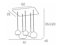 Sosp. Cromo Rettangolare 5 Luci Vetri (1 Grande+1 Medio+3 Piccolo) Tutti Ambra