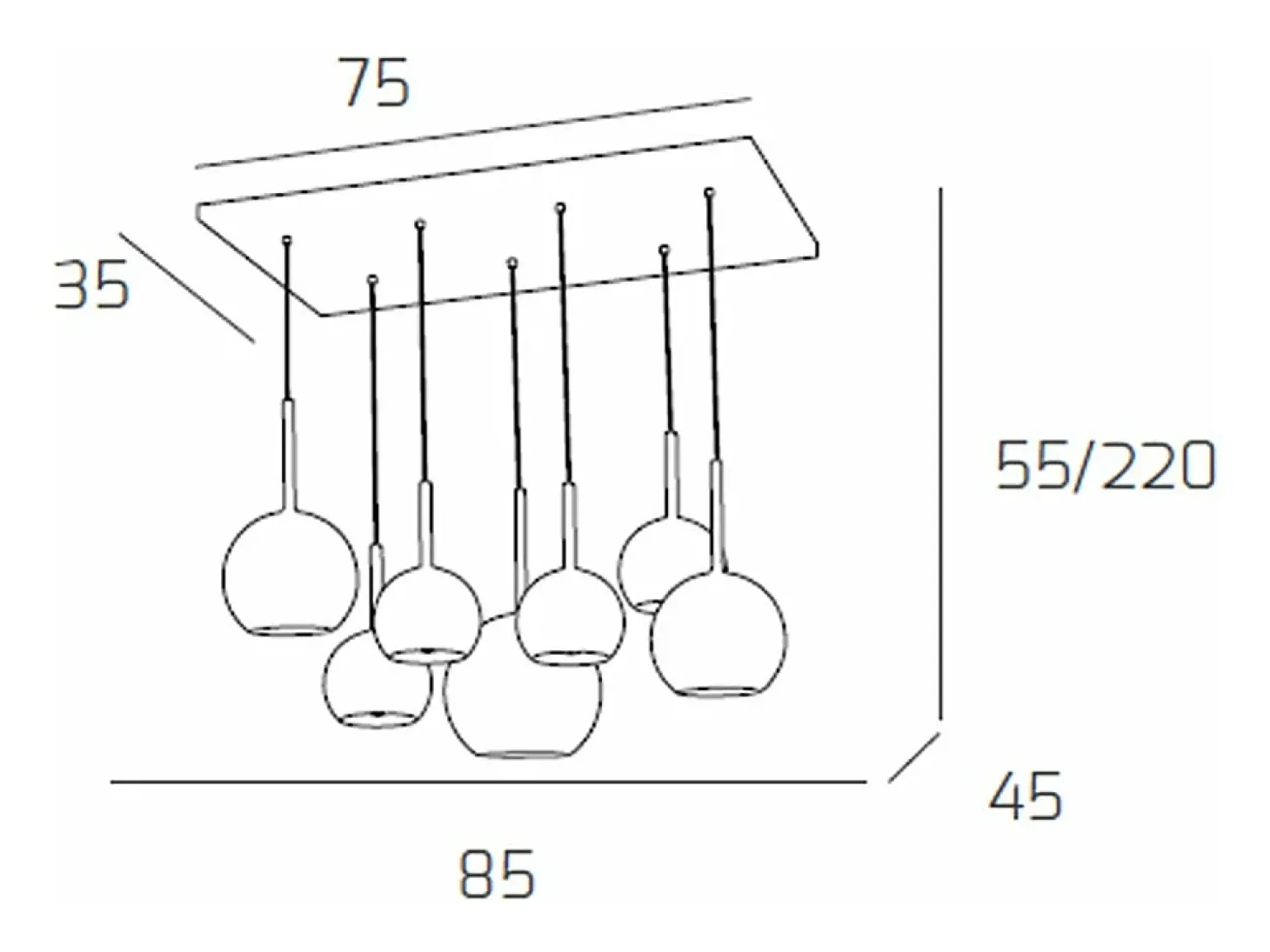 Sosp. Cromo Rettangolare 7 Luci Vetri (1 Grande+2 Medio +4 Piccolo) Tutti Oro