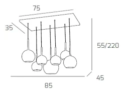 Sosp. Cromo Rettangolare 7 Luci Vetri (1 Grande+2 Medio +4 Piccolo) Tutti Ambra