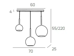 Sosp. Cromo Rettangolare 3 Luci Vetri (1 X Grande+ 1 X Medio+ 1 X Piccolo)Tutti Ambra