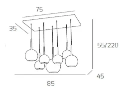 Sosp. Cromo Rettangolare 7 Luci Vetri (1 Grande Cr+1 Medio Am+1 Medio Tr +4 Piccolo 1 X Am+Tr+Ra+Or)