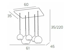 Sosp. Cromo Rettangolare 5 Luci Vetri (1 Grande Cr+1 Medio Cr+3 Piccolo (1X Cr+2X Tr))
