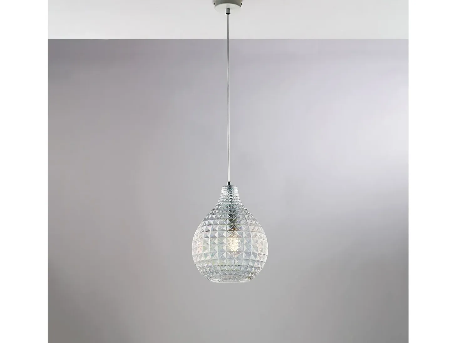 Sospensione 1 Luce Diamante In Ferro Bianco E Vetro Soffiato Trasparente
